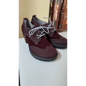 Jambu San-Fran Oxford‎ Heels Size 7 WINE Red Leather Suede Brogue Chunky Heel